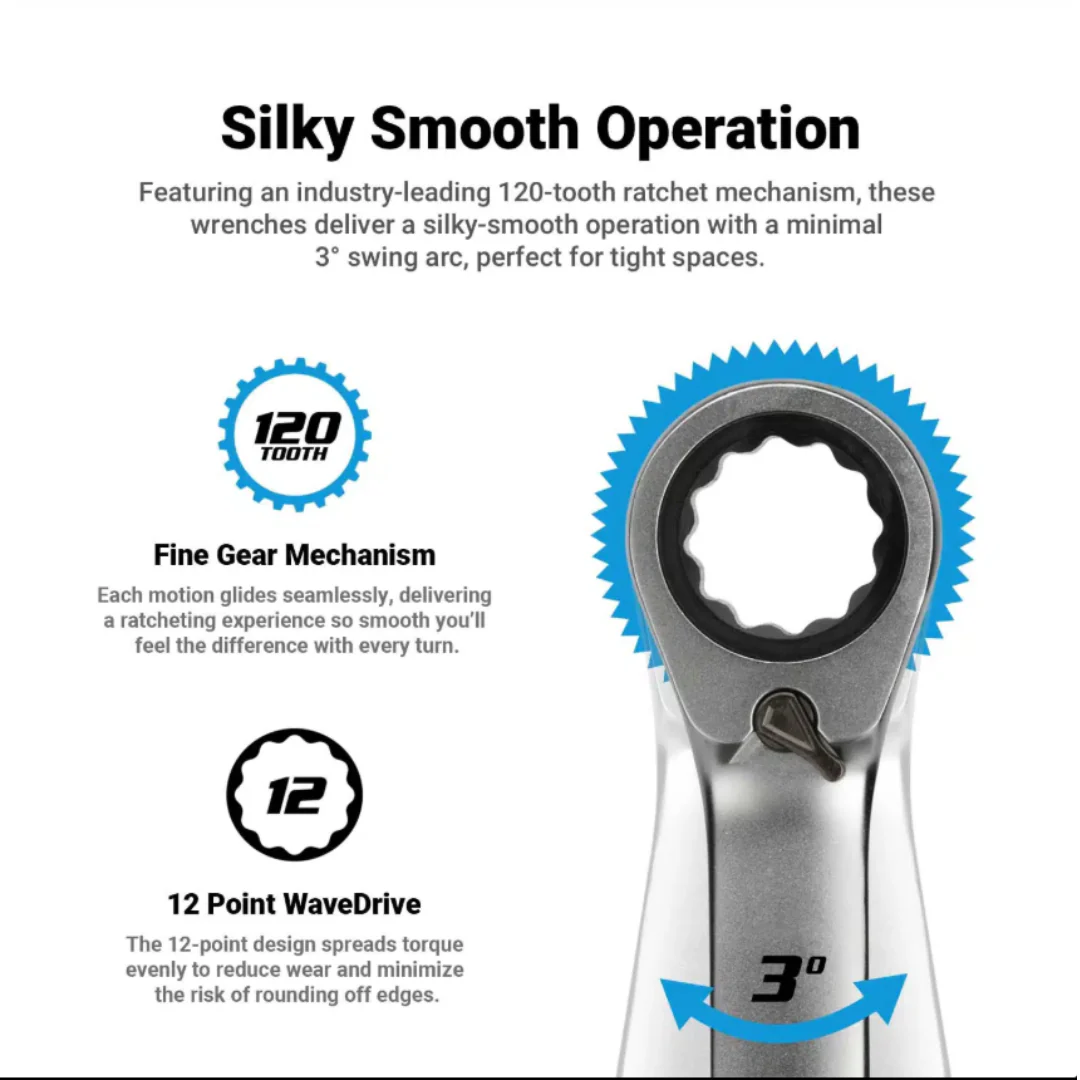 Capri Tools 120 Tooth Ultra Smooth Ratcheting Wrenches 5/16″ – 3/4″, SAE - Image 2