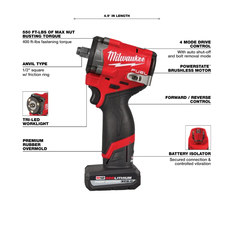 Milwaukee M12 Gen 2 1/2" Stubby Impact Kit with Free Tire Inflator - Image 2